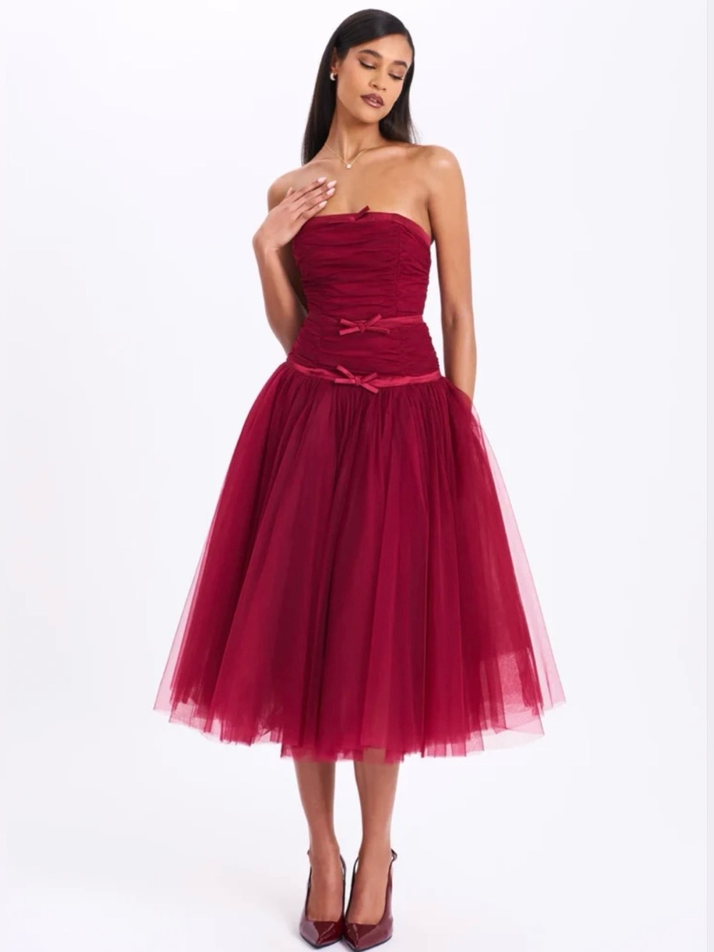 Strapless Burgundy Tulle Midi Dress